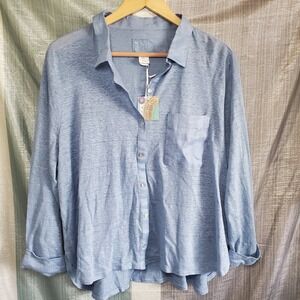 Sigrid Olsen Blue 100% Linen Button Down Shirt W XL NWT Luxury Cruise Resort